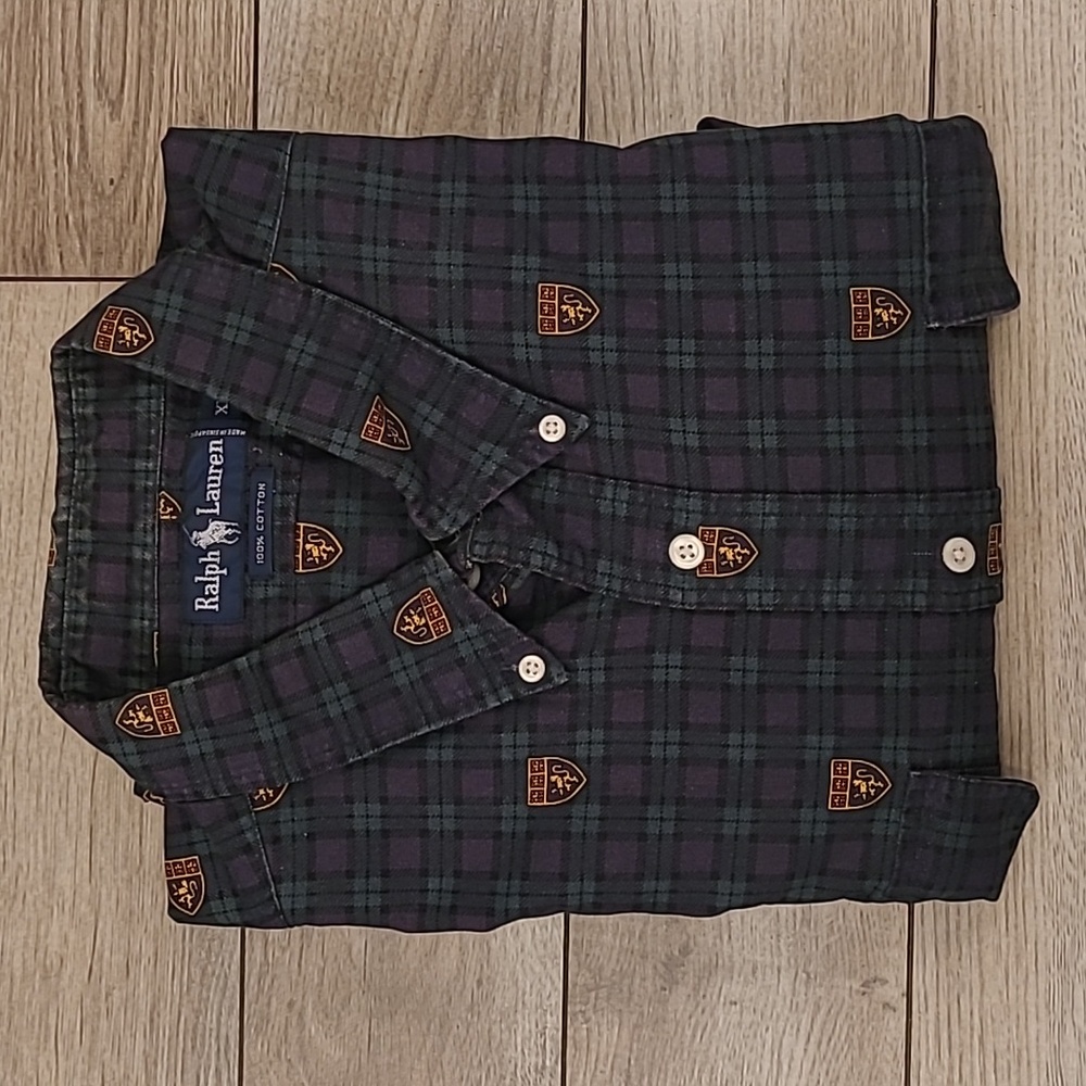 RALPH LAUREN Crest Green Gold Plaid Cotton XXL Mens Long Sleeve Shirt 90s RARE - Picture 1 of 9